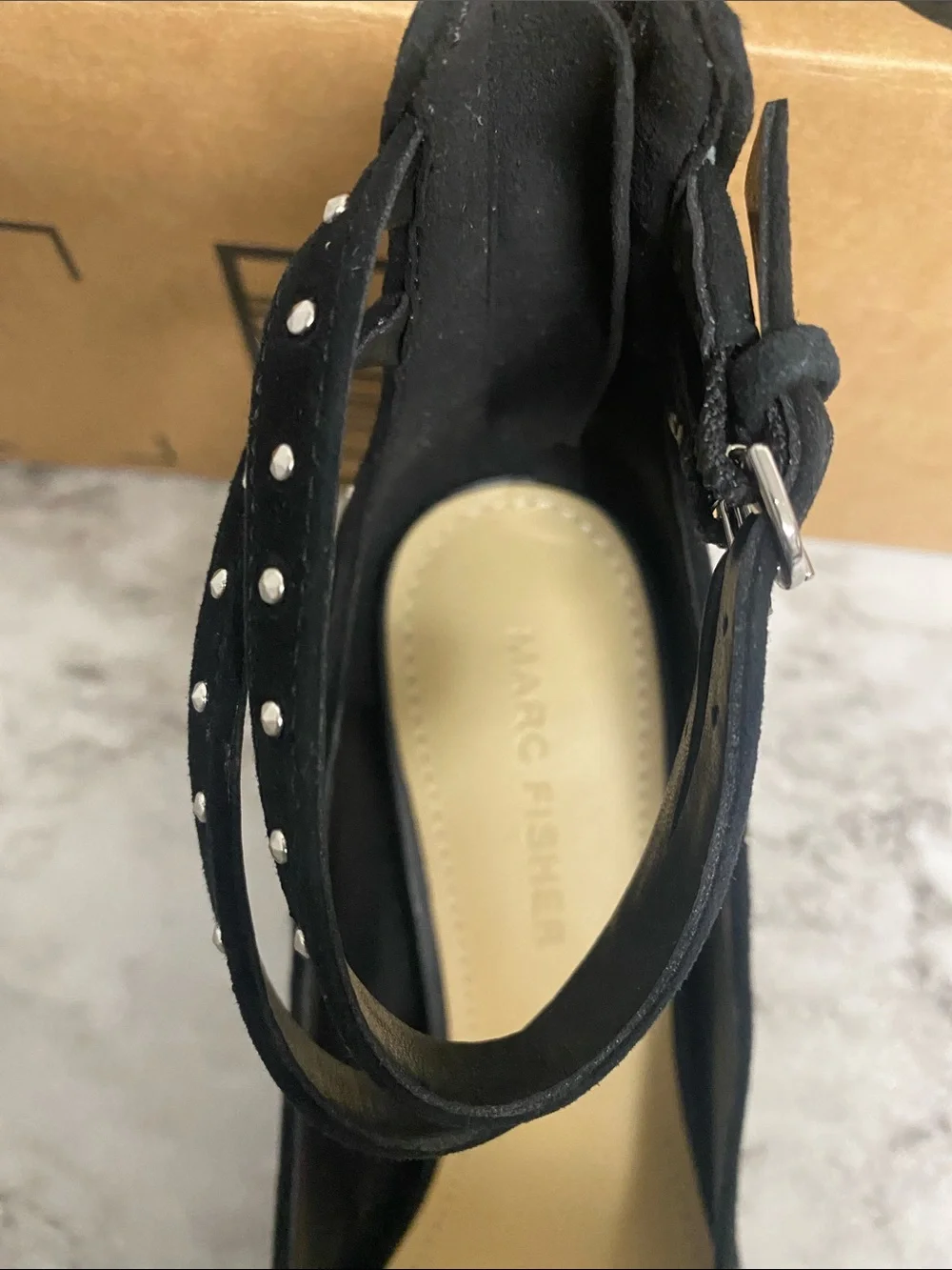 Marc Fisher Black Studded Ankle-Strap Suede Pumps